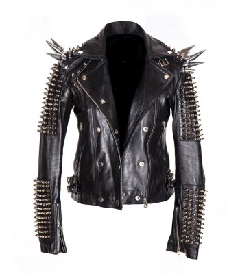 Women Silver Studded Long Spiked Handmade Jacket Men Leather Black Spice Rock Punk Style Jacket 